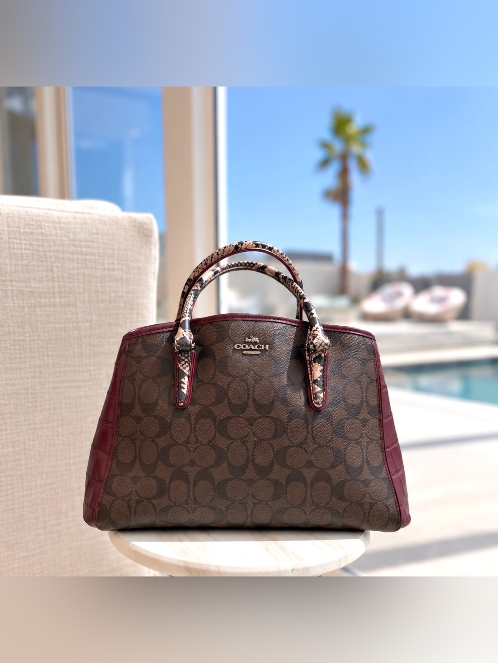 Coach Carry all satchel handbag monogram brown burgundy phyton handle embossed